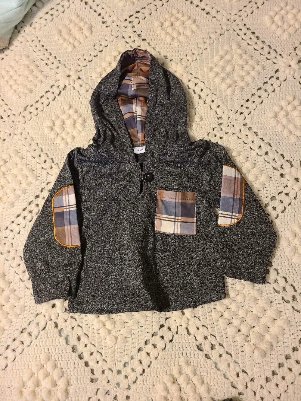 New !! 6/9 Months Baby Hooded Jumpsuit with Plaid Accents - Gray & Brown